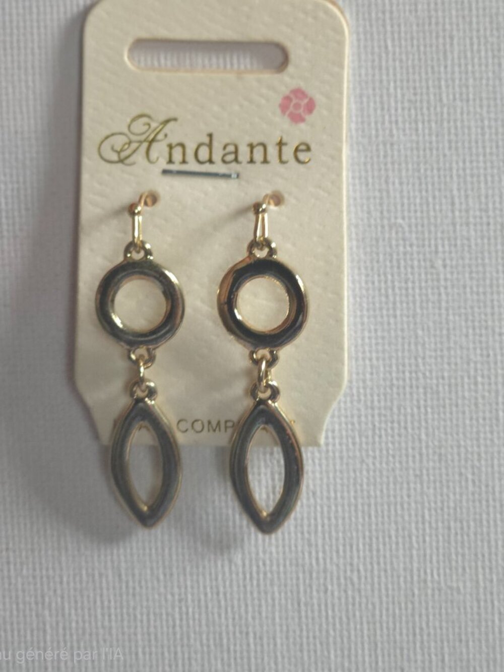 NWT Andante Gold Tone Geometric Dangle Earrings Open Circle & Marquise Drop